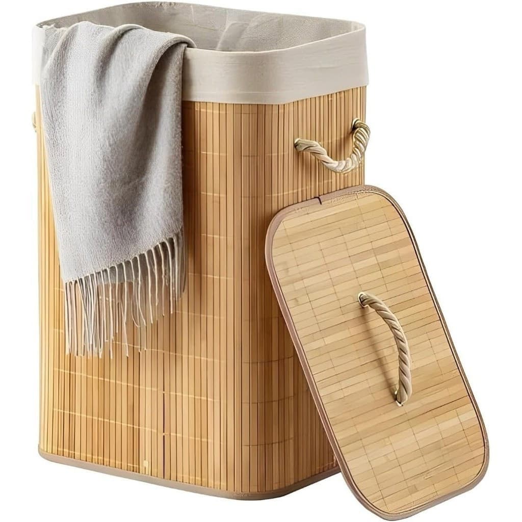 Cesto Roupa Bambu Retangular Redondo Com Tampa Cesto Oraganizador Roupa Suja Alças Bege